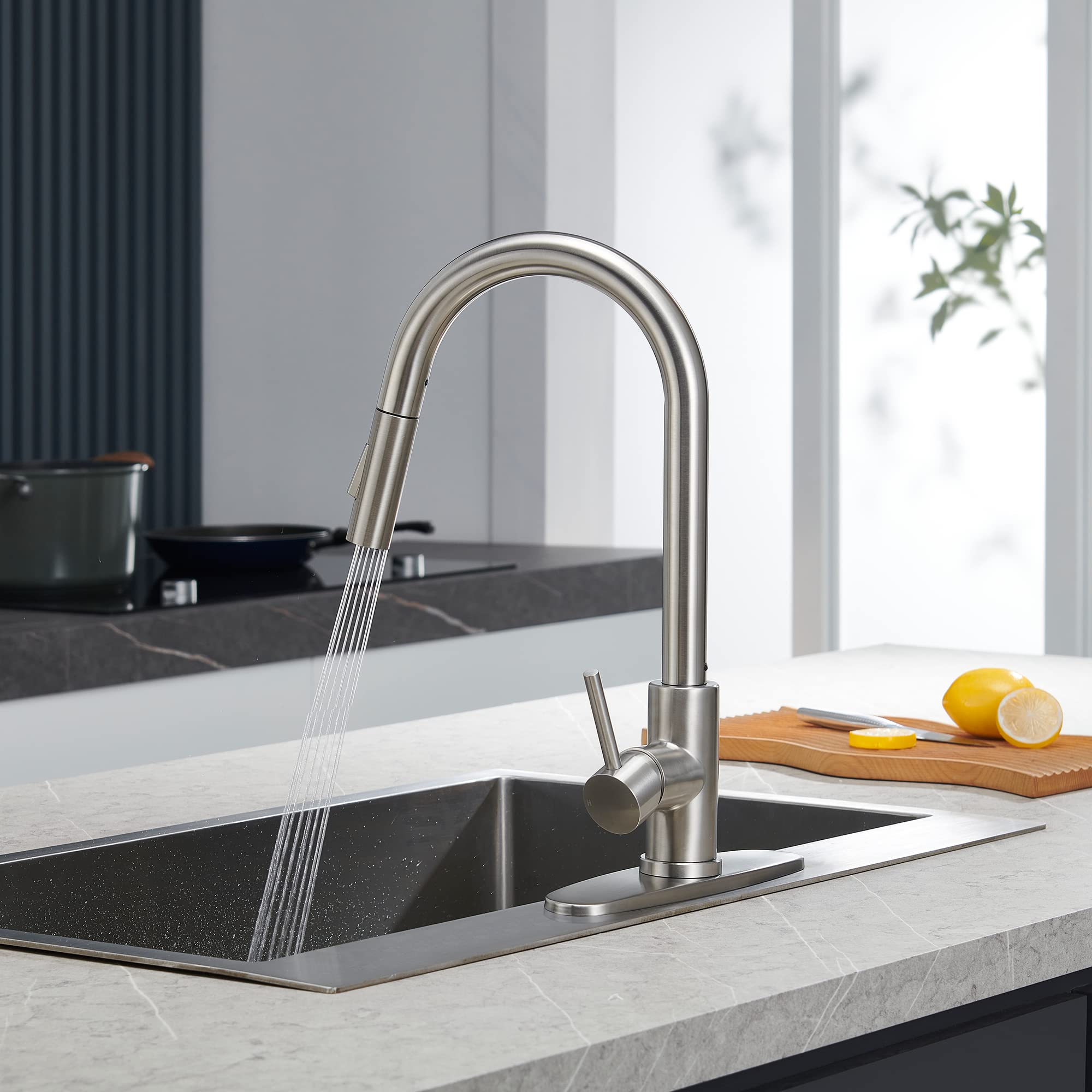 Tohlar Kitchen Sink Faucets With Pull-Down Sprayer, Modern Stainless Steel Single Handle Pull Down Sprayer Faucet With Deck Plat